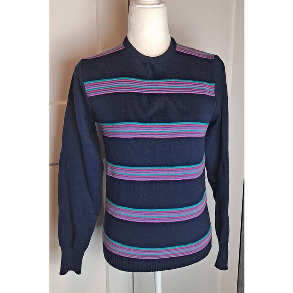 169. Vintage Meister Womens Navy Pullover Bright Striped Wool Ski Sweater 1980s - Picture 1 of 8